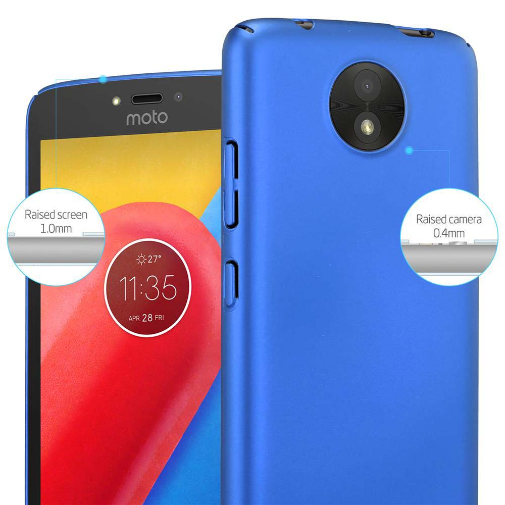 Blaue Handyhülle mit Telefon. Erhöhter Bildschirm und Kameradetails. Weißer Hintergrund.
