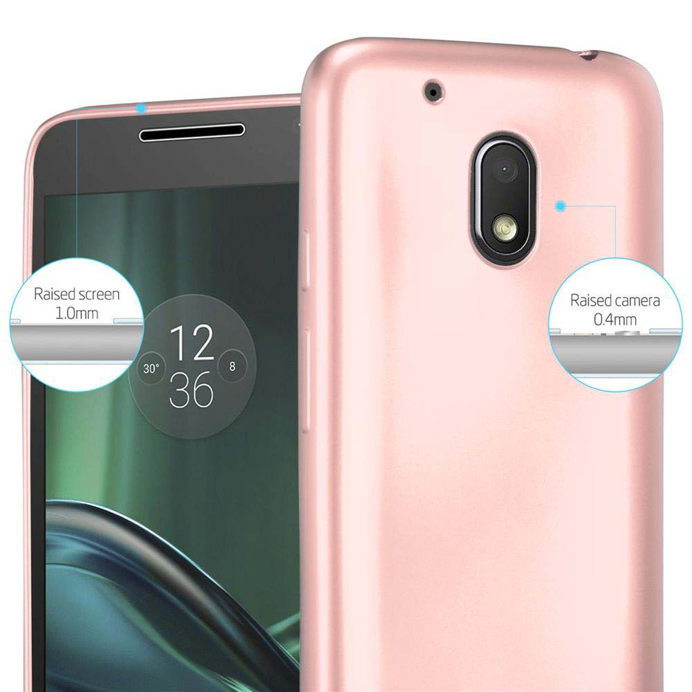 Funda rosa para teléfono con pantalla encendida y cámara resaltada, mostrando protección de pantalla y cámara.