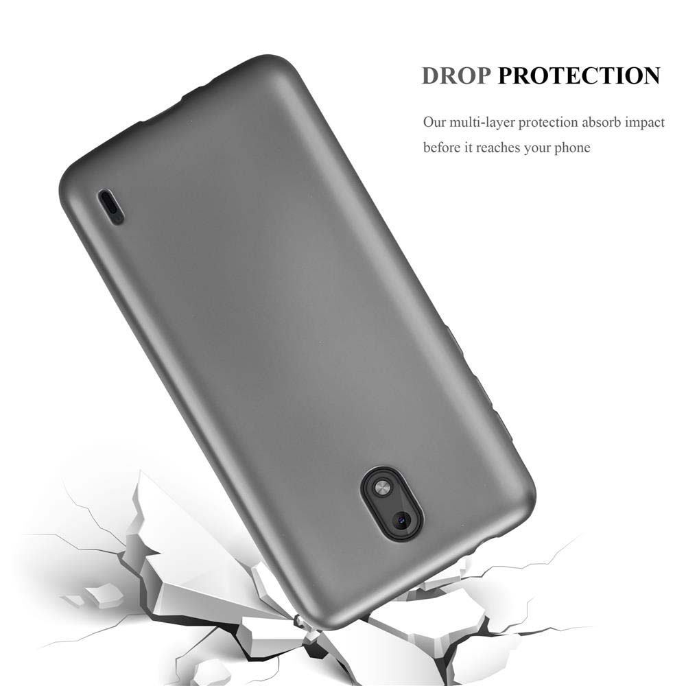Custodia grigia per telefono che cade su una superficie bianca rotta. Testo: DROP PROTECTION. Custodia grigia.