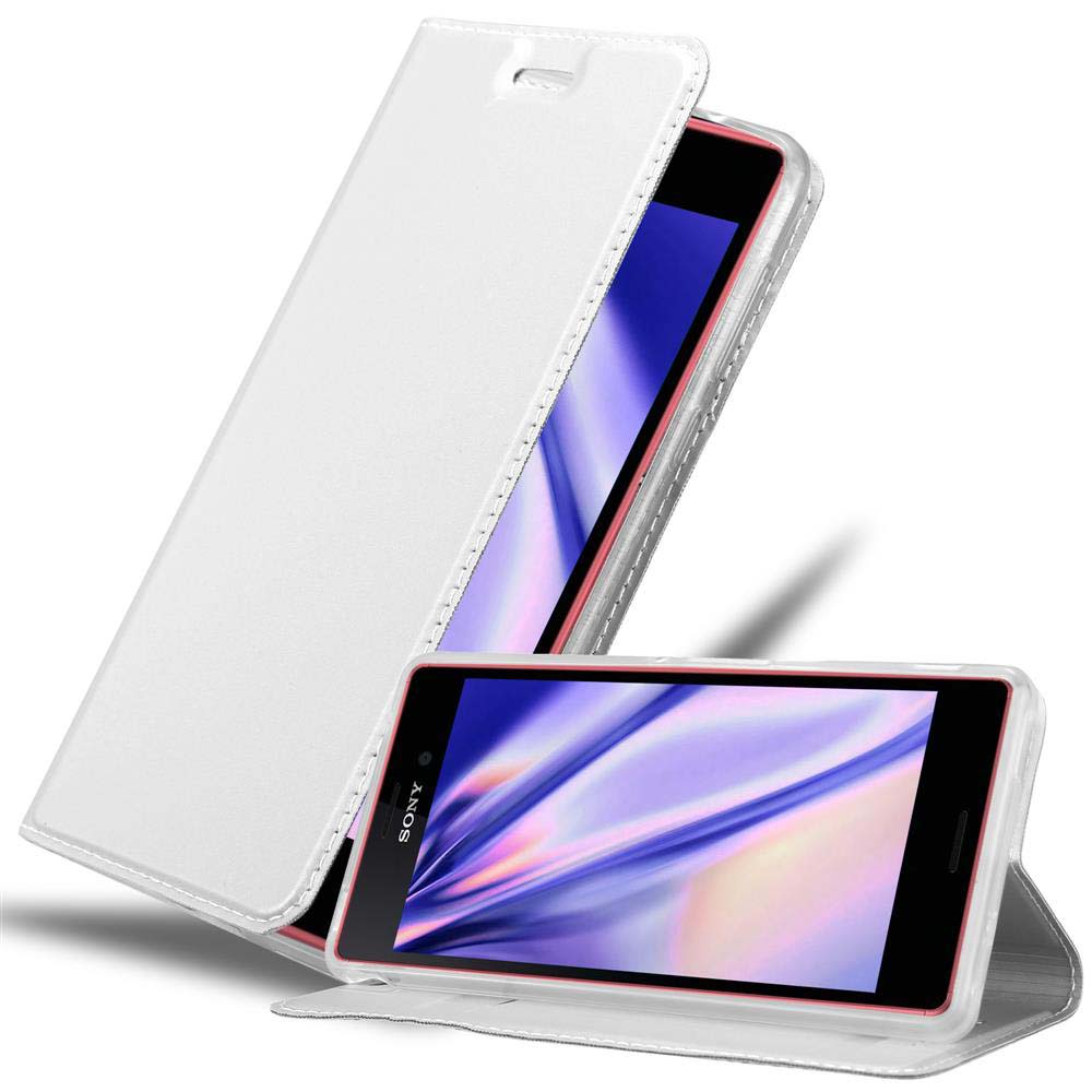 Funda de teléfono blanca con teléfono dentro. La funda está abierta. Fondo blanco.