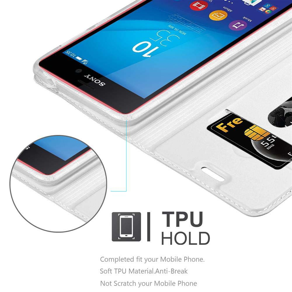 Funda de smartphone con teléfono y tarjeta. La funda está abierta, se muestra el teléfono.