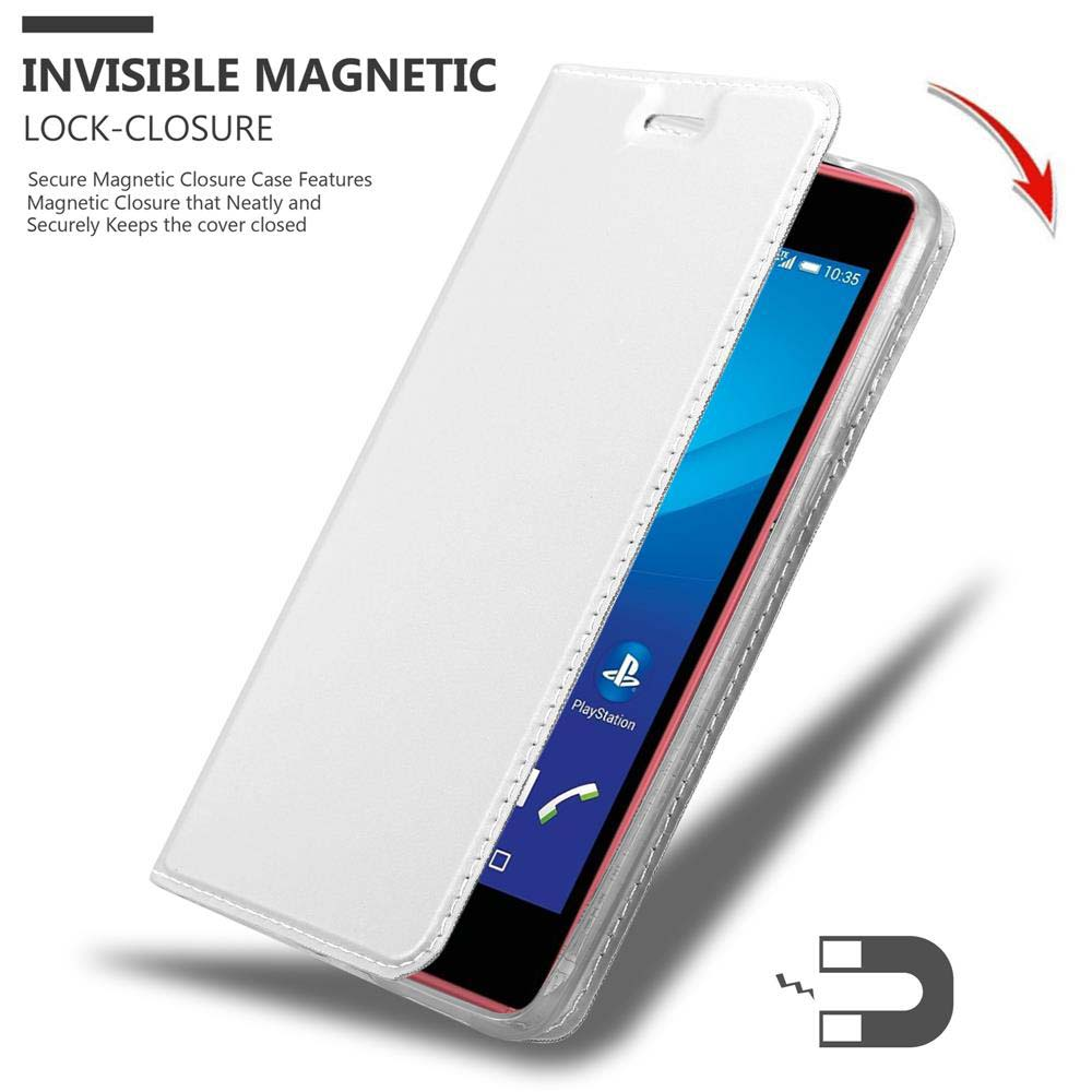 Funda de teléfono blanca con teléfono dentro, cierre magnético. Texto: cierre magnético invisible.