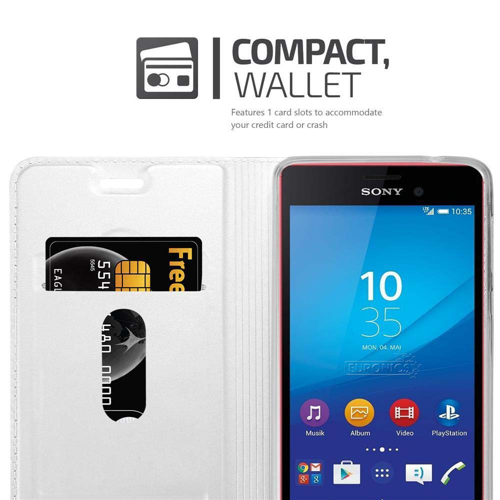 Funda de teléfono abierta con tarjeta de crédito y teléfono dentro, mostrando la pantalla. Iconos en la pantalla.