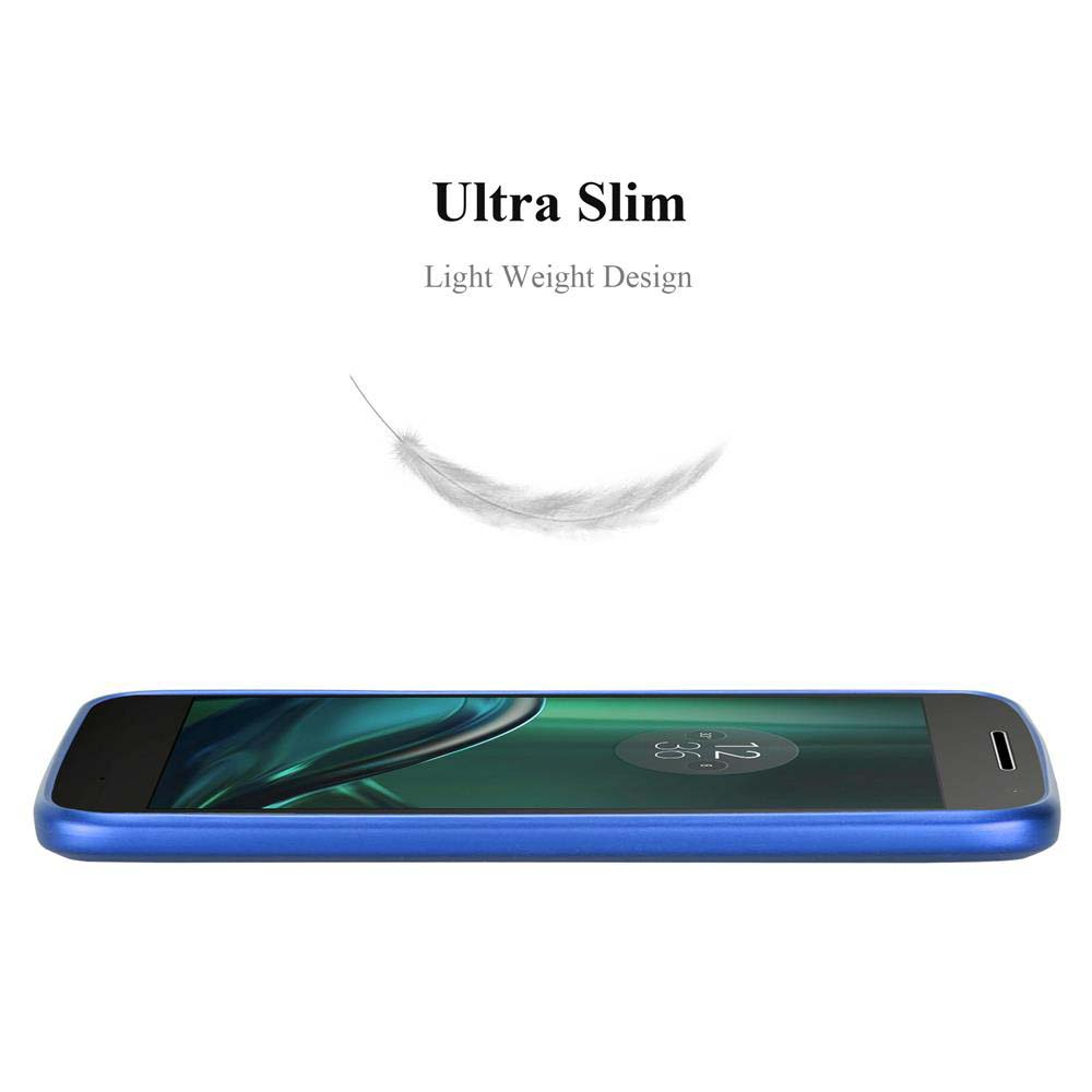 Un telefono blu con una grafica a forma di piuma, con testo Ultra Slim e sfondo blu.