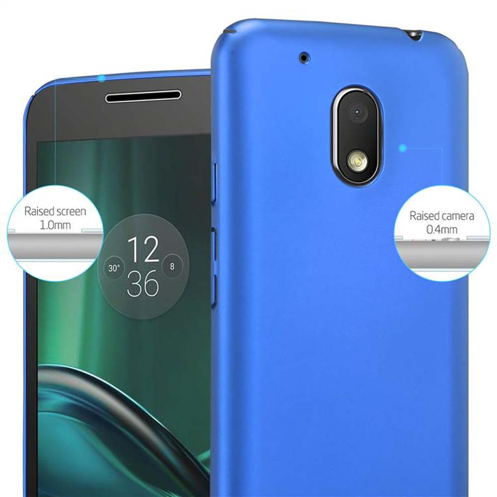 Una custodia blu per telefono accanto a un telefono. La custodia copre il retro. Il telefono mostra l'ora e la data.