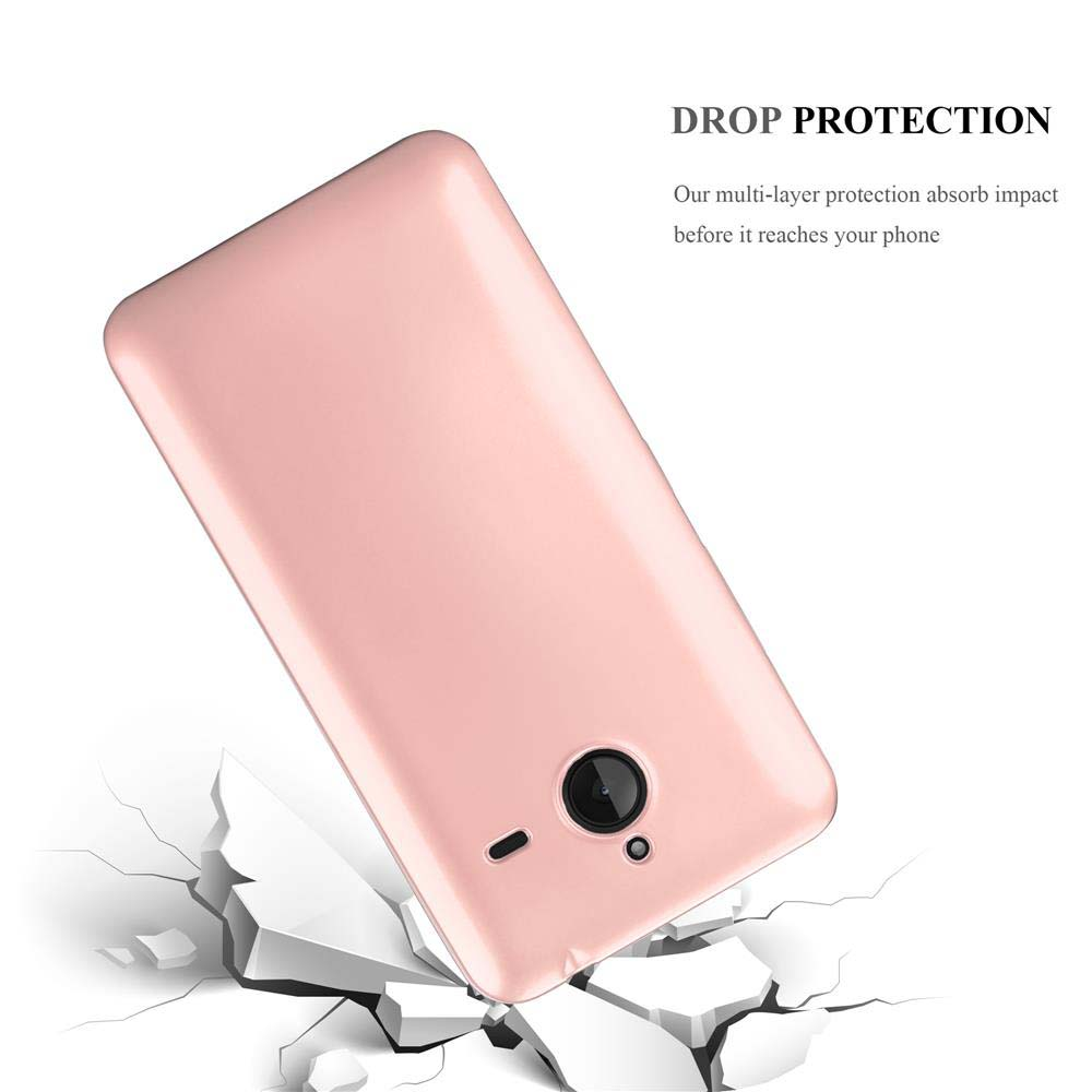 Una custodia rosa per telefono che cade su un terreno distrutto. Testo: Protezione dalle cadute.