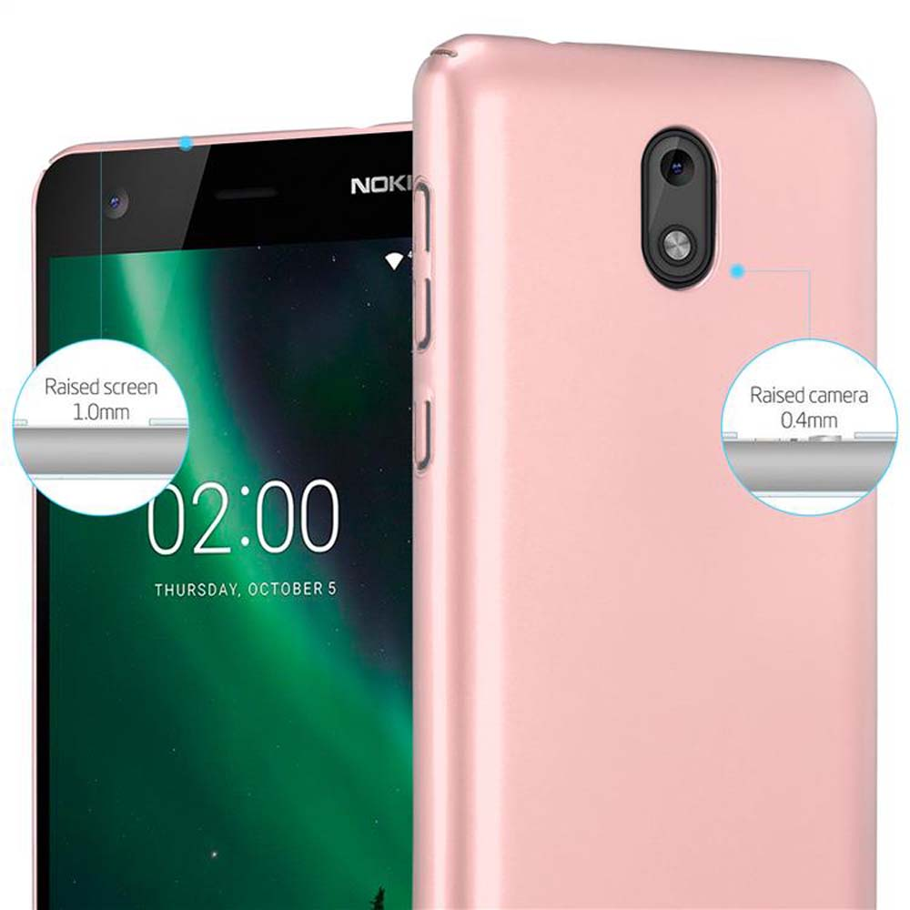 Rosa Handyhülle mit Telefon, Bildschirm sichtbar. Text und Kreise heben Merkmale hervor.