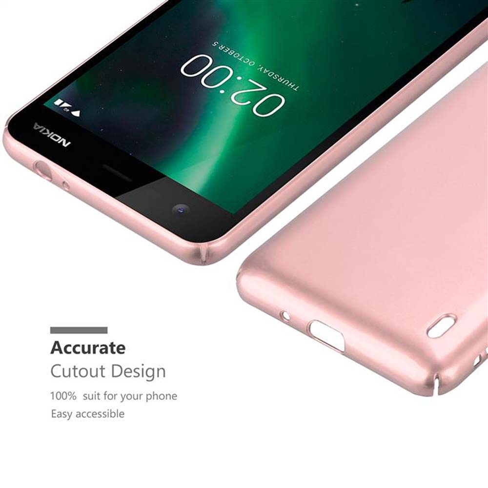Ein rosa Nokia-Telefon mit eingeschaltetem Bildschirm und die Handyhülle daneben.