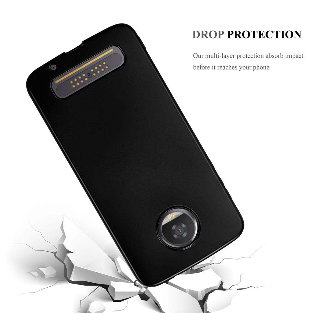 Funda de teléfono negra inclinada, grietas abajo. Texto: Protección contra caídas.