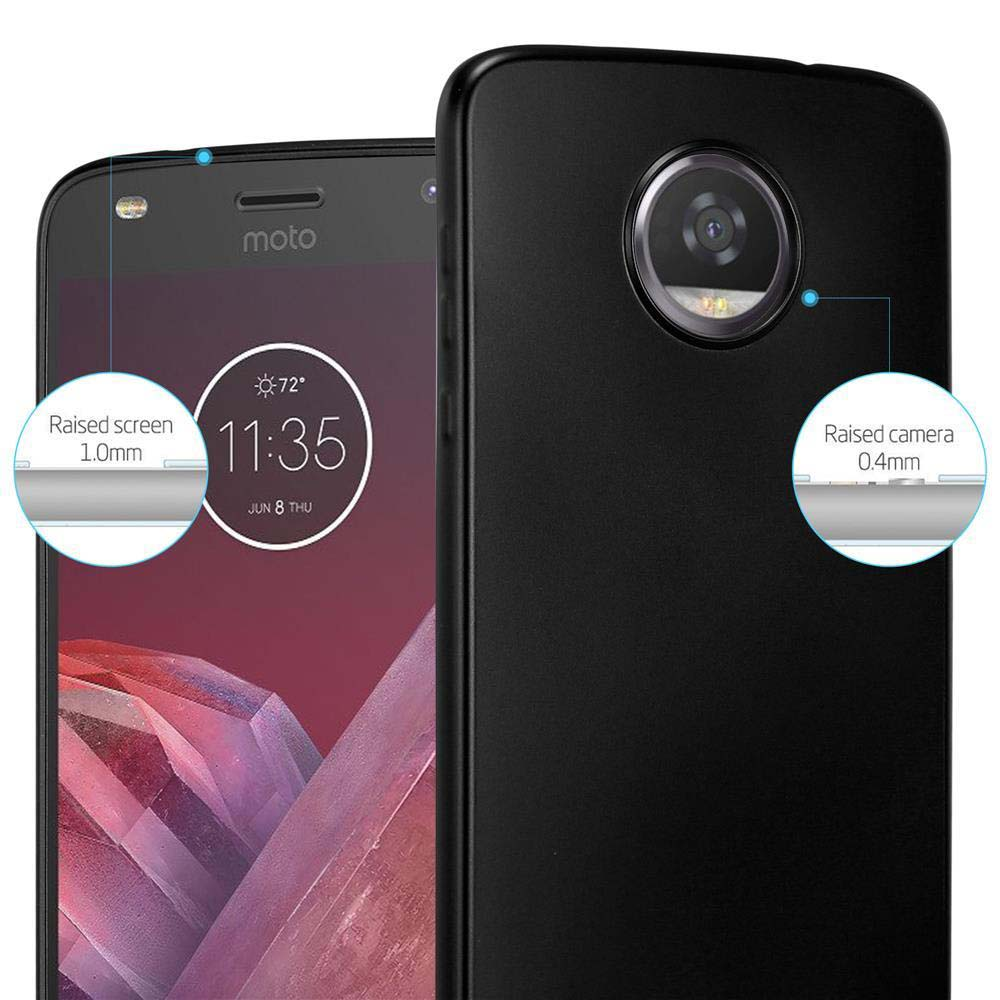 Funda negra en un teléfono. Primeros planos muestran pantalla y cámara elevadas.