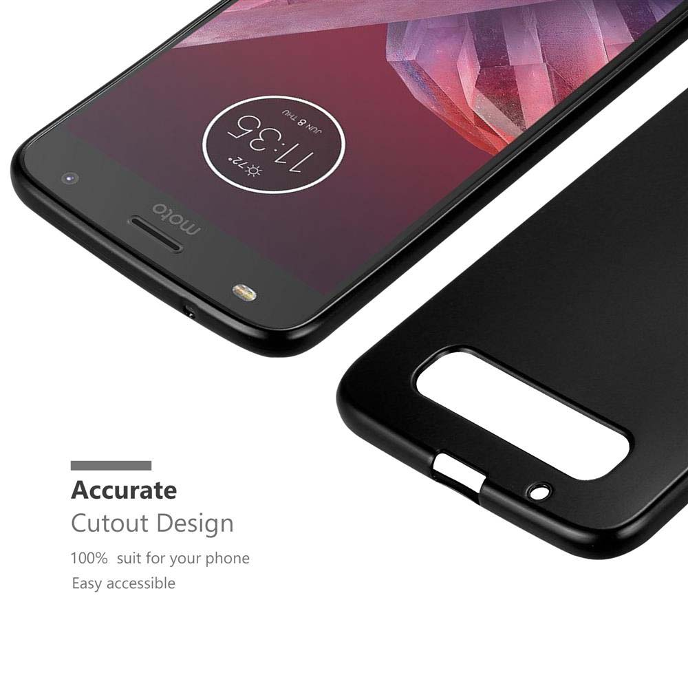 Teléfono y funda negros. La funda tiene recortes para la cámara y puertos. El teléfono muestra la hora.