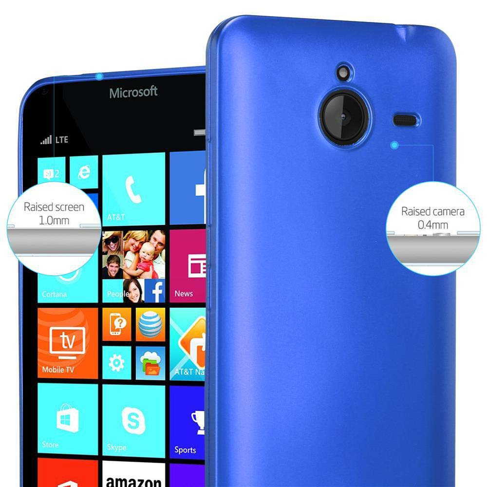 Telefono blu con interfaccia Windows, con un'altra custodia blu accanto. Fotocamera e schermo rialzati.