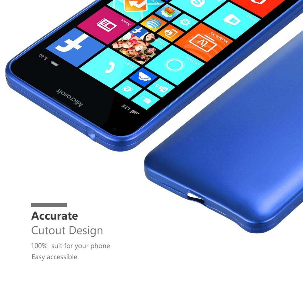Un telefono blu con una custodia, che mostra il design e il design ritagliato.
