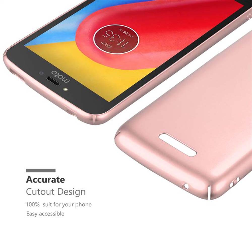 Roségoldene Handyhülle und Telefon. Der Bildschirm zeigt die Zeit an. Weißer Hintergrund.