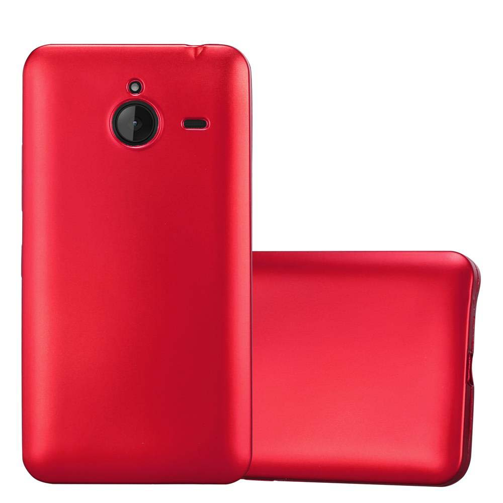 Custodia per telefono rossa, due pezzi. La cover posteriore è a destra, un'altra a sinistra.