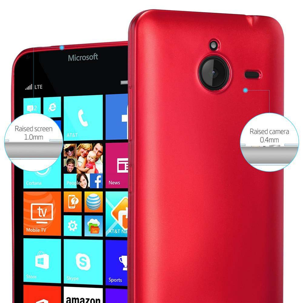 Un telefono rosso in una custodia rossa. I primi piani mostrano la protezione rialzata dello schermo e della fotocamera.