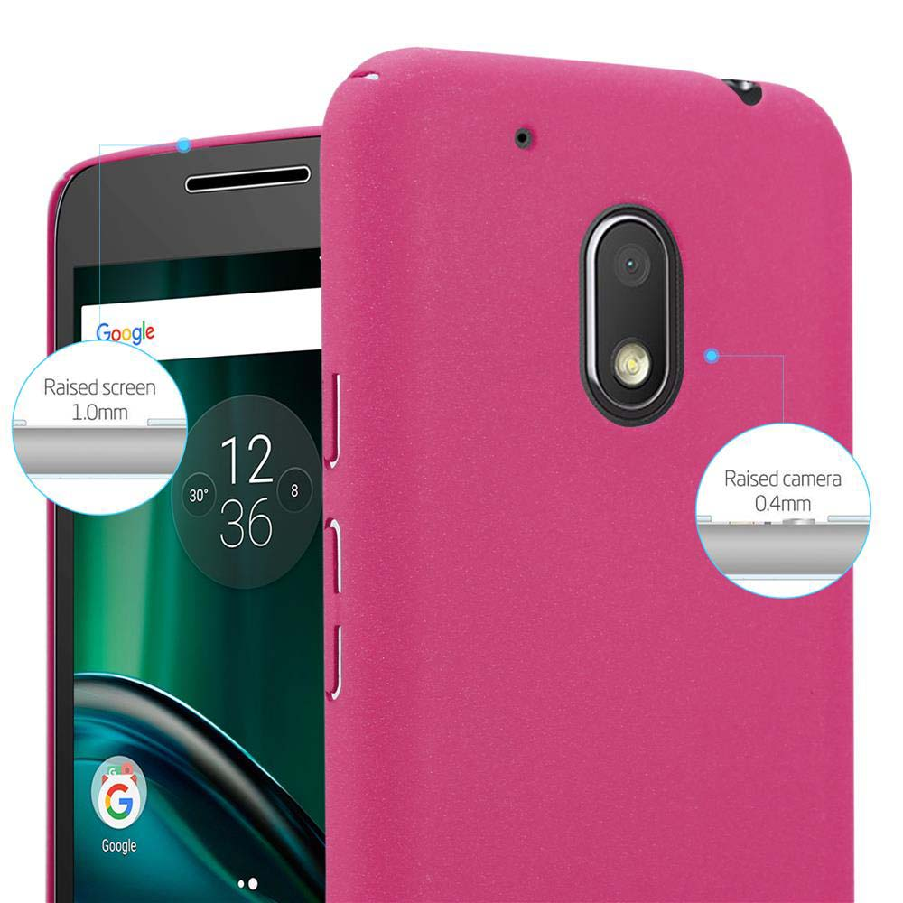 Una custodia per telefono rosa è mostrata. Il telefono è all'interno. Un primo piano mostra lo schermo e l'apertura della fotocamera.