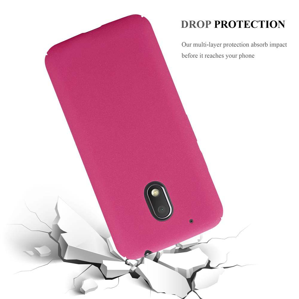 Custodia per telefono rosa che cade su un terreno crepato, con un telefono all'interno. La protezione dalle cadute è la caratteristica.