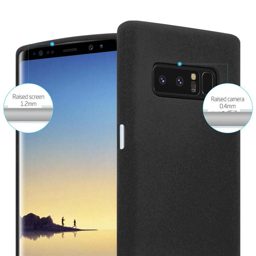 Custodia nera per telefono con schermo e protezione fotocamera rialzati. Vengono forniti dettagli sull'altezza dello schermo e della fotocamera.