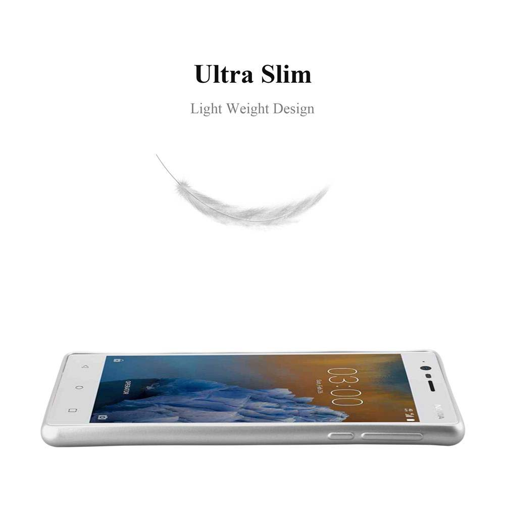 Telefono argento piatto. Testo: Ultra Slim, Design leggero. Una piuma fluttua sopra.
