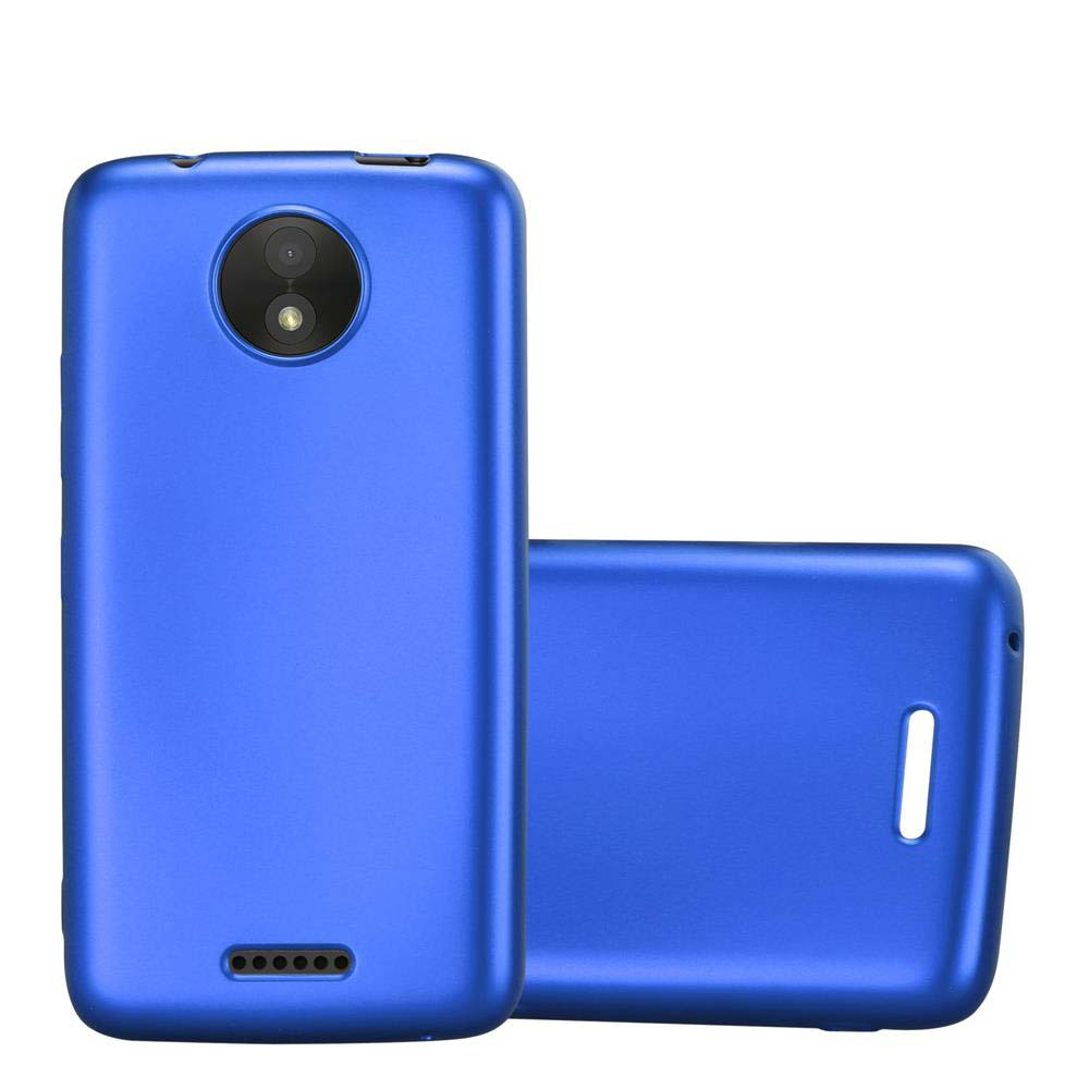 Custodie blu per telefono. Una ha una fotocamera e l'altra è accanto.