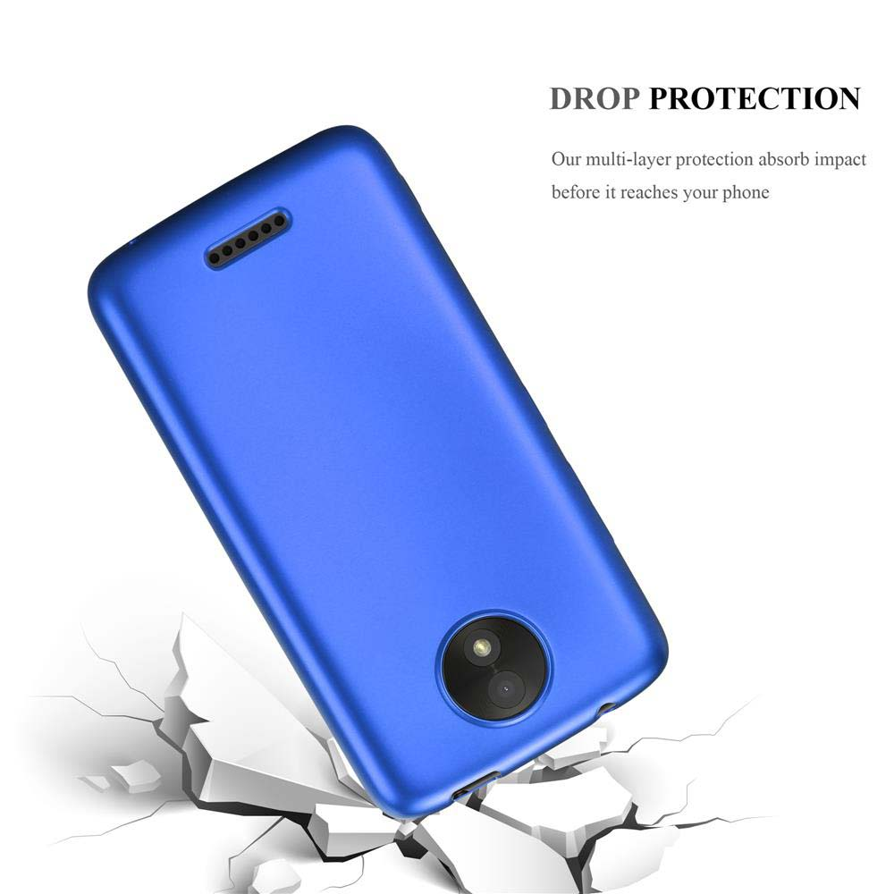 Custodia blu per telefono che cade a terra. Mostra la protezione dalle cadute.
