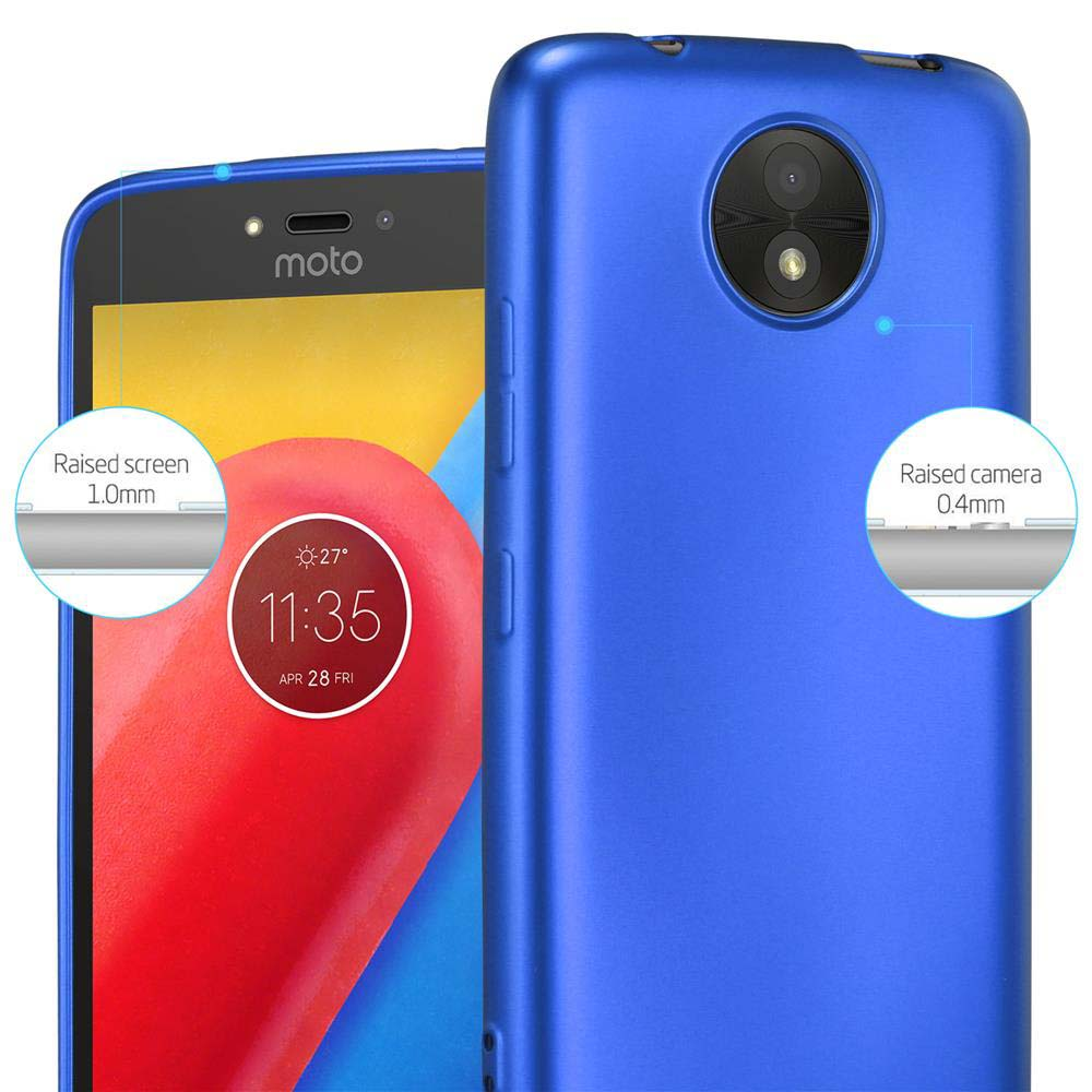 Custodia per telefono blu con un telefono all'interno. Il telefono è sul lato sinistro dell'immagine.