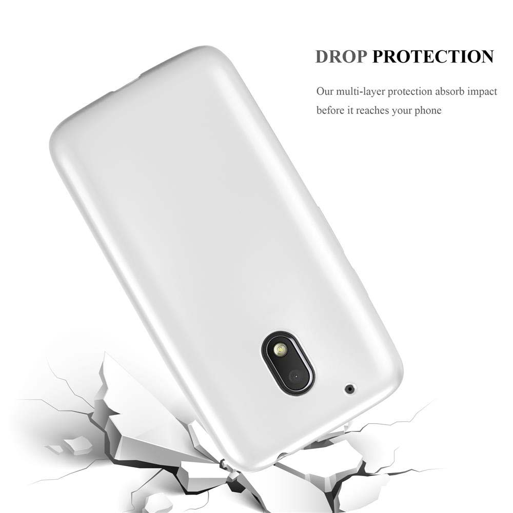Funda de teléfono blanca con un teléfono dentro y una superficie agrietada debajo, texto sobre protección contra caídas.