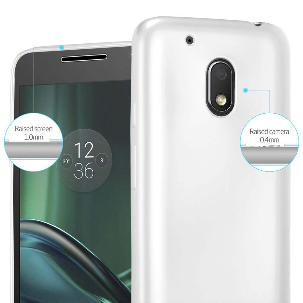 Funda blanca para teléfono con bordes elevados para la pantalla y la cámara, mostrando mediciones alrededor del teléfono.