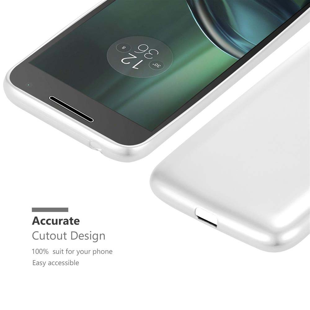 Funda de teléfono blanca y teléfono. Texto: Diseño de corte preciso. Recorte para puerto de carga.