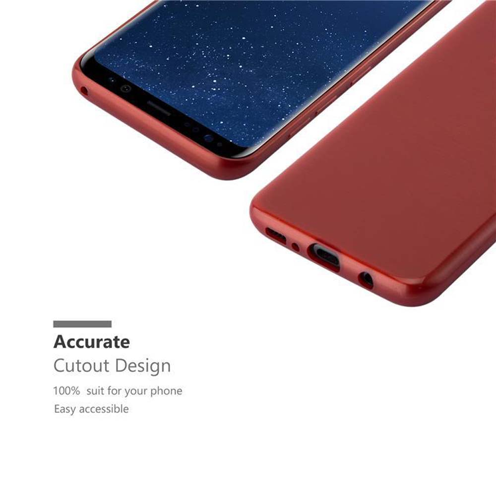 Zwei rote Handyhüllen. In einer befindet sich ein Telefon. Der Text lautet: Genaues Ausschnittdesign, 100 % passend, leicht zugänglich.