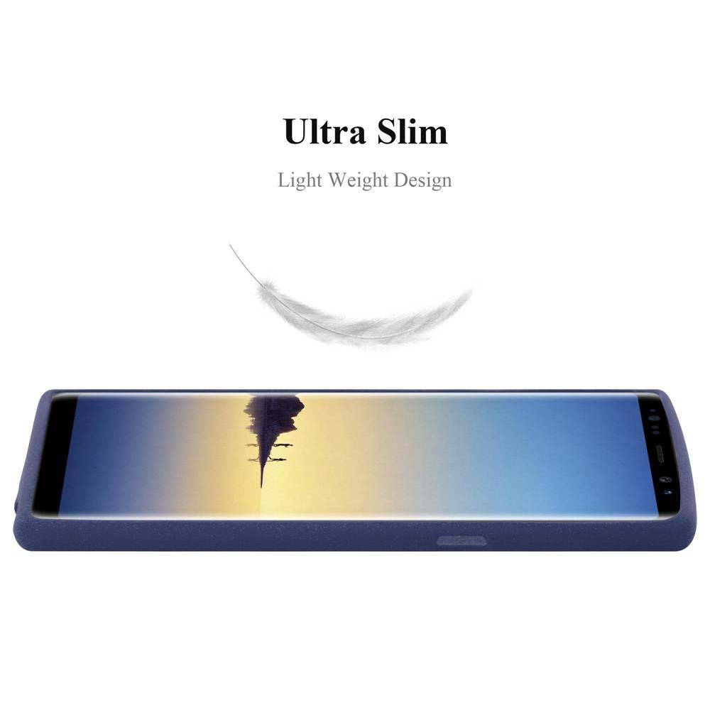 Custodia blu con telefono, che mostra il design ultrasottile e leggero.