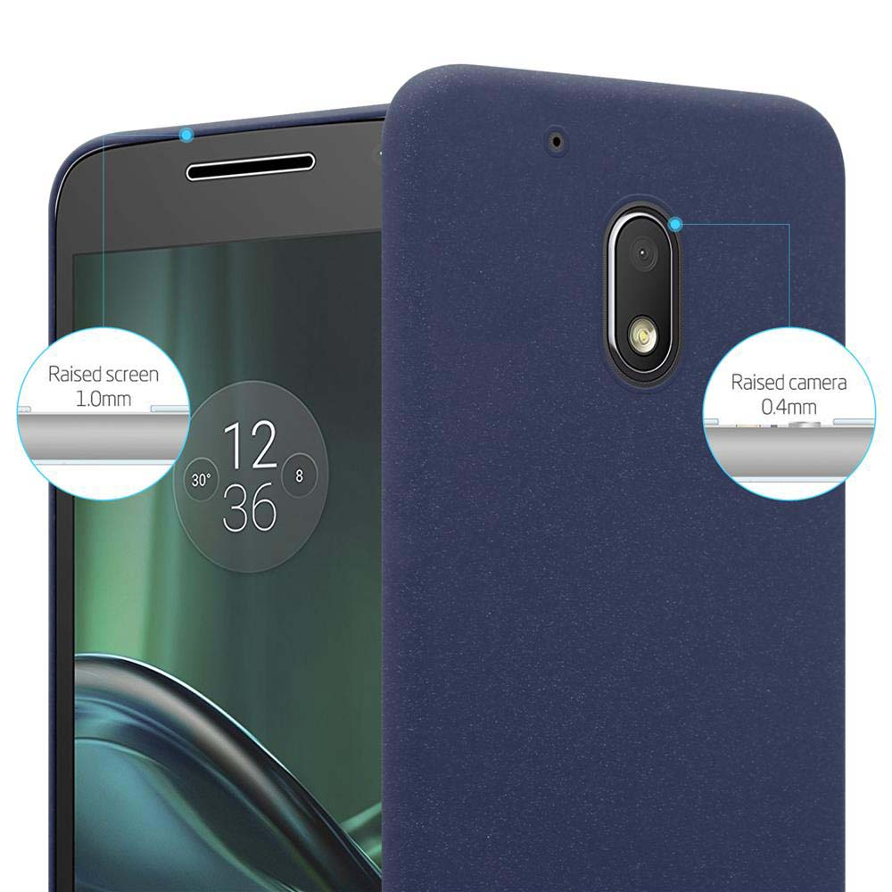 Custodia blu con telefono all'interno. Il telefono mostra l'ora. Protezione schermo e fotocamera rialzate.