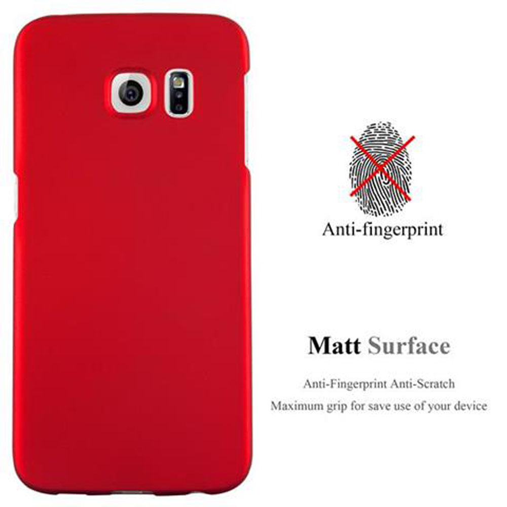 Una custodia rossa per telefono. La custodia è anti-impronta e ha una superficie opaca. Viene mostrata un'impronta digitale barrata.