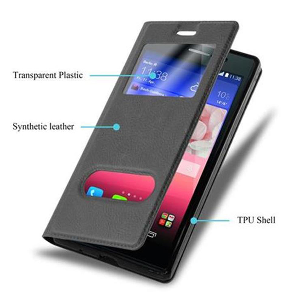 Funda de teléfono gris. La pantalla del teléfono muestra un reloj y la pantalla del teléfono.