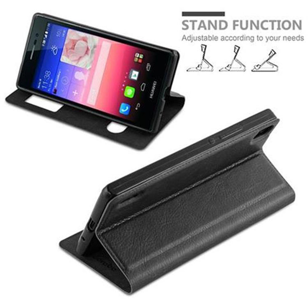 Funda de teléfono negra con teléfono dentro, abierta y cerrada, mostrando la función de soporte. Fondo blanco con diagramas.