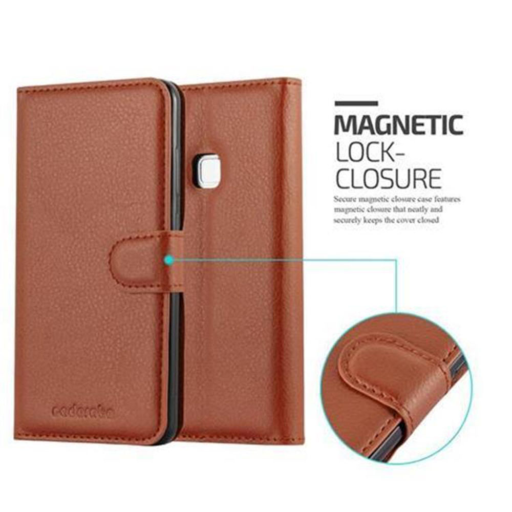 Una custodia marrone per telefono con chiusura magnetica. Mostra la funzione.