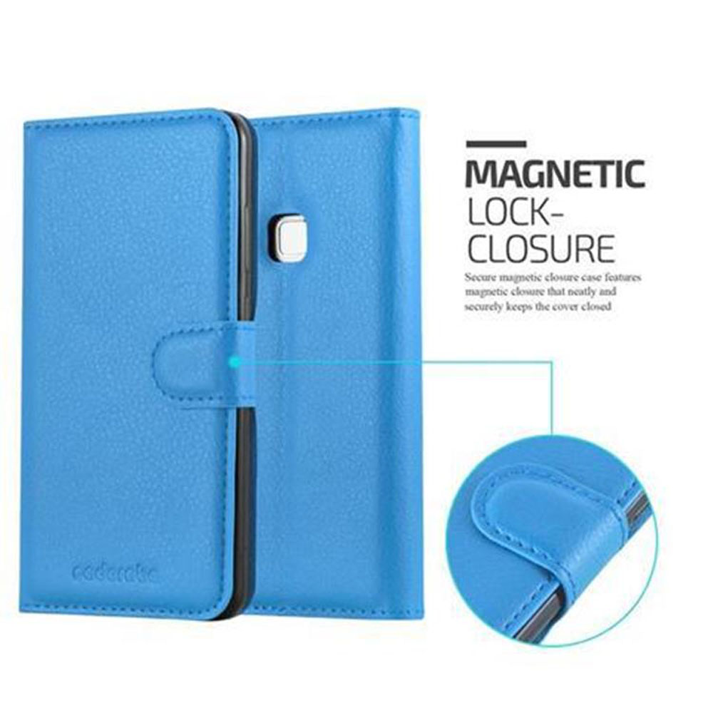 Blaue Handyhülle mit Telefon innen. Magnetischer Verschluss. Text und ein eingebettetes Bild werden angezeigt.