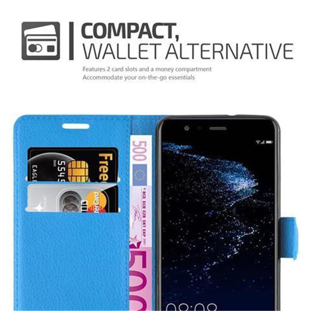 Blaue Handy-Geldbörsenhülle offen mit Telefon, Karten und Geld. Text: Compact, Wallet Alternative.