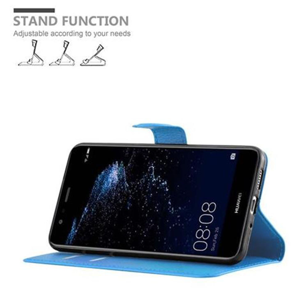Schwarzes Telefon in einem blauen Gehäuse, offen. Text: Standfunktion.