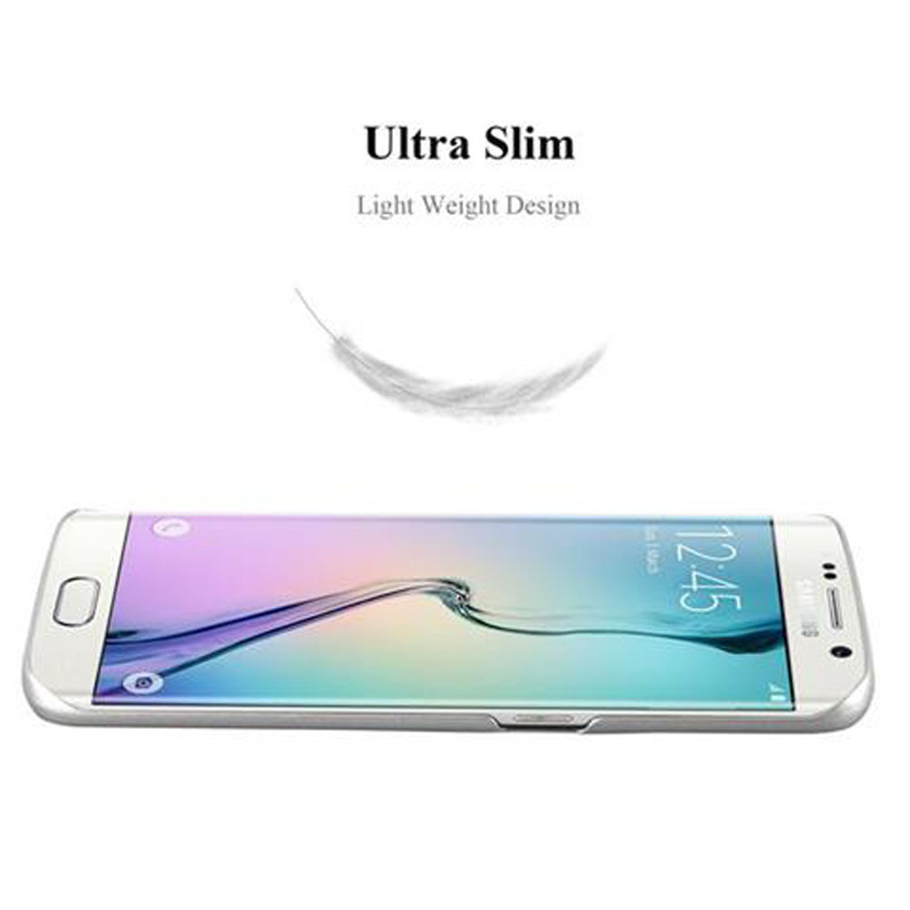 Ein weißes Telefon mit gebogenem Bildschirm wird mit einer Feder und Text angezeigt, der Ultra Slim und Light Weight Design lautet.