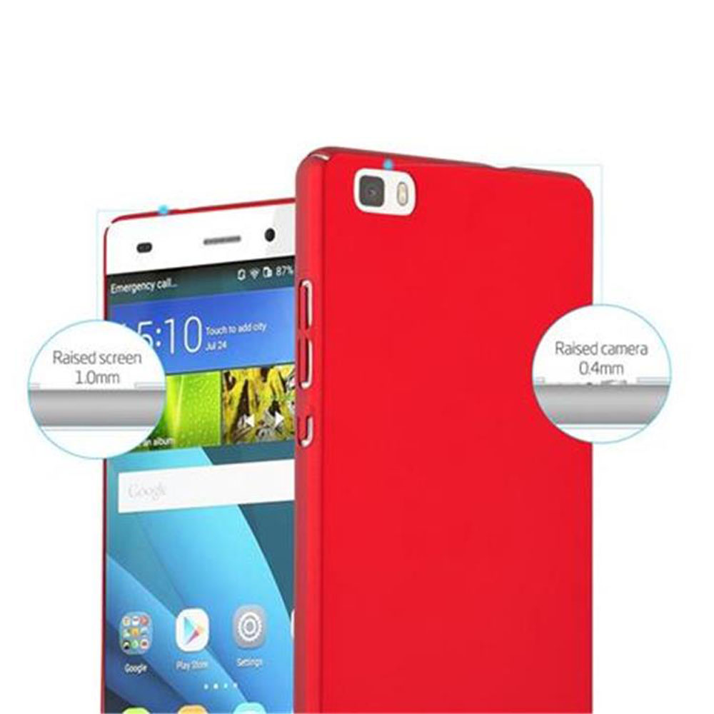 Una funda roja para teléfono con un teléfono blanco dentro. La pantalla del teléfono muestra la hora 5:10. Texto: 'Pantalla elevada 1,0 mm' y 'Cámara elevada 0,4 mm'.