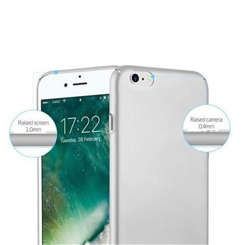 Ein Telefon in einem weißen Gehäuse, das Bildschirm- und Kameradetails zeigt. Das Gehäuse hat erhöhten Bildschirm- und Kameraschutz.