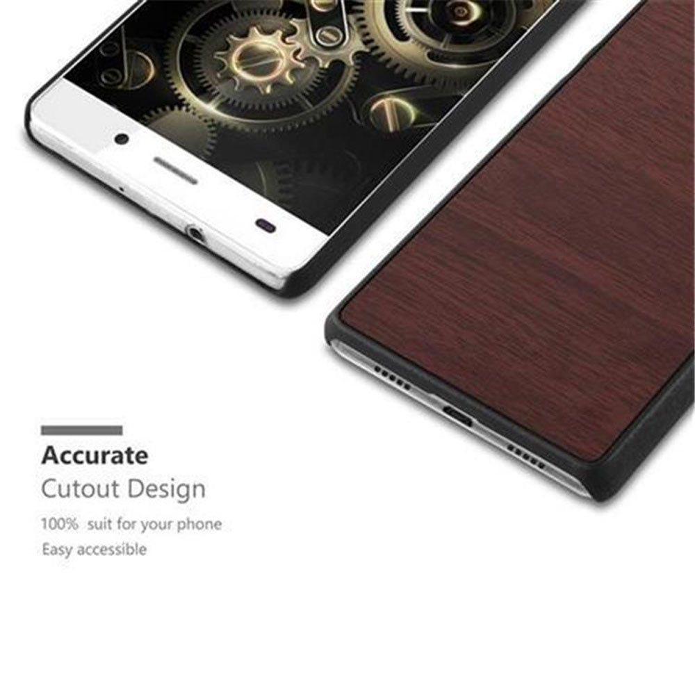 Funda de teléfono con diseño de veta de madera. Una parte está adherida al teléfono, la otra está separada.