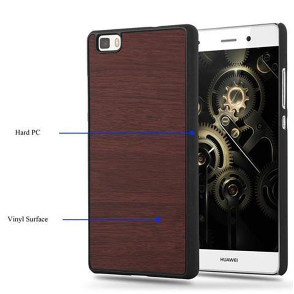 Un teléfono en una funda de diseño de madera marrón, con borde negro.