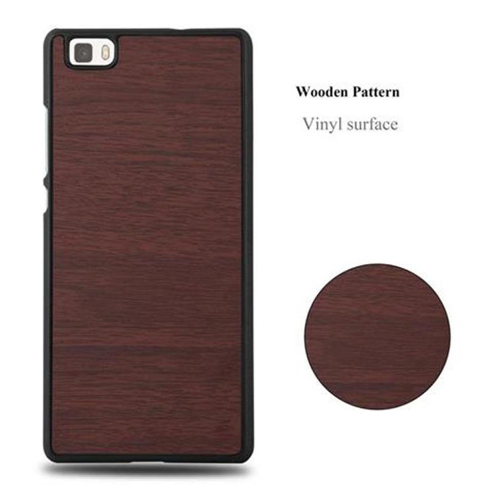 Una funda para teléfono con textura de madera. El texto dice 'Patrón de madera Superficie de vinilo'.