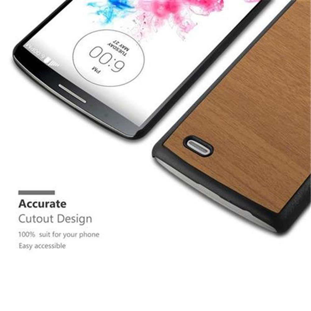 Teléfono y funda de madera. Texto: Accurate Cutout Design. 100% suit for your phone, Easy accessible.