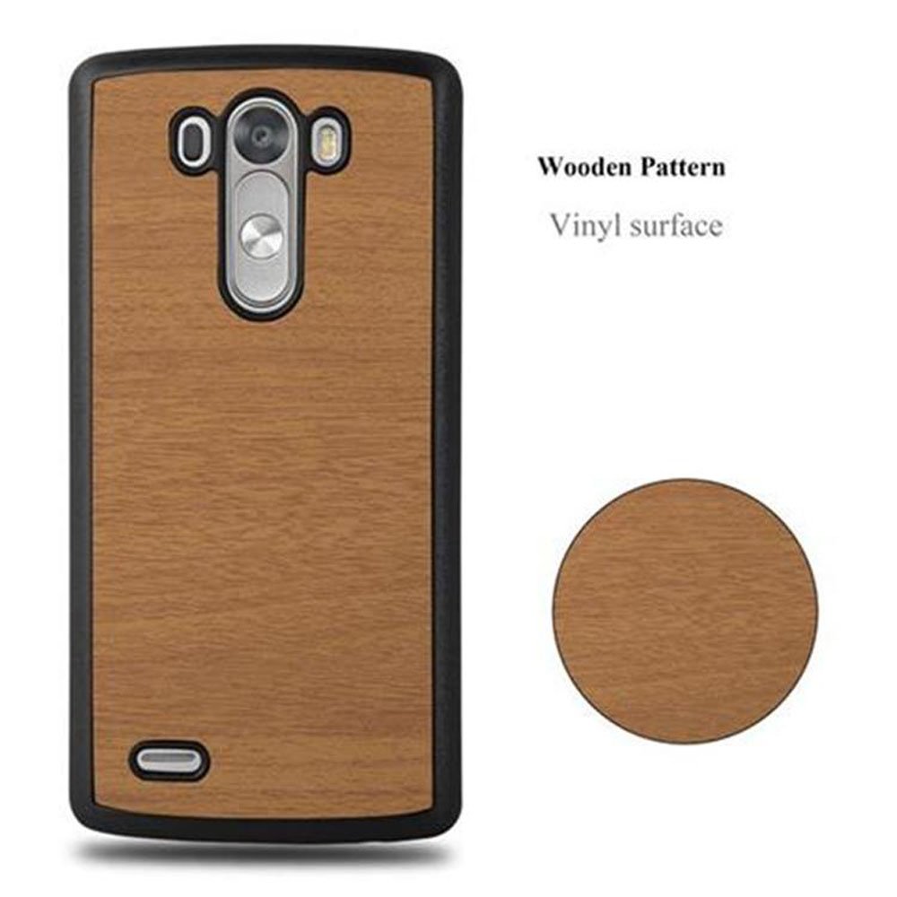 Funda para teléfono con patrón de madera. La funda es marrón y tiene un borde oscuro y un círculo.