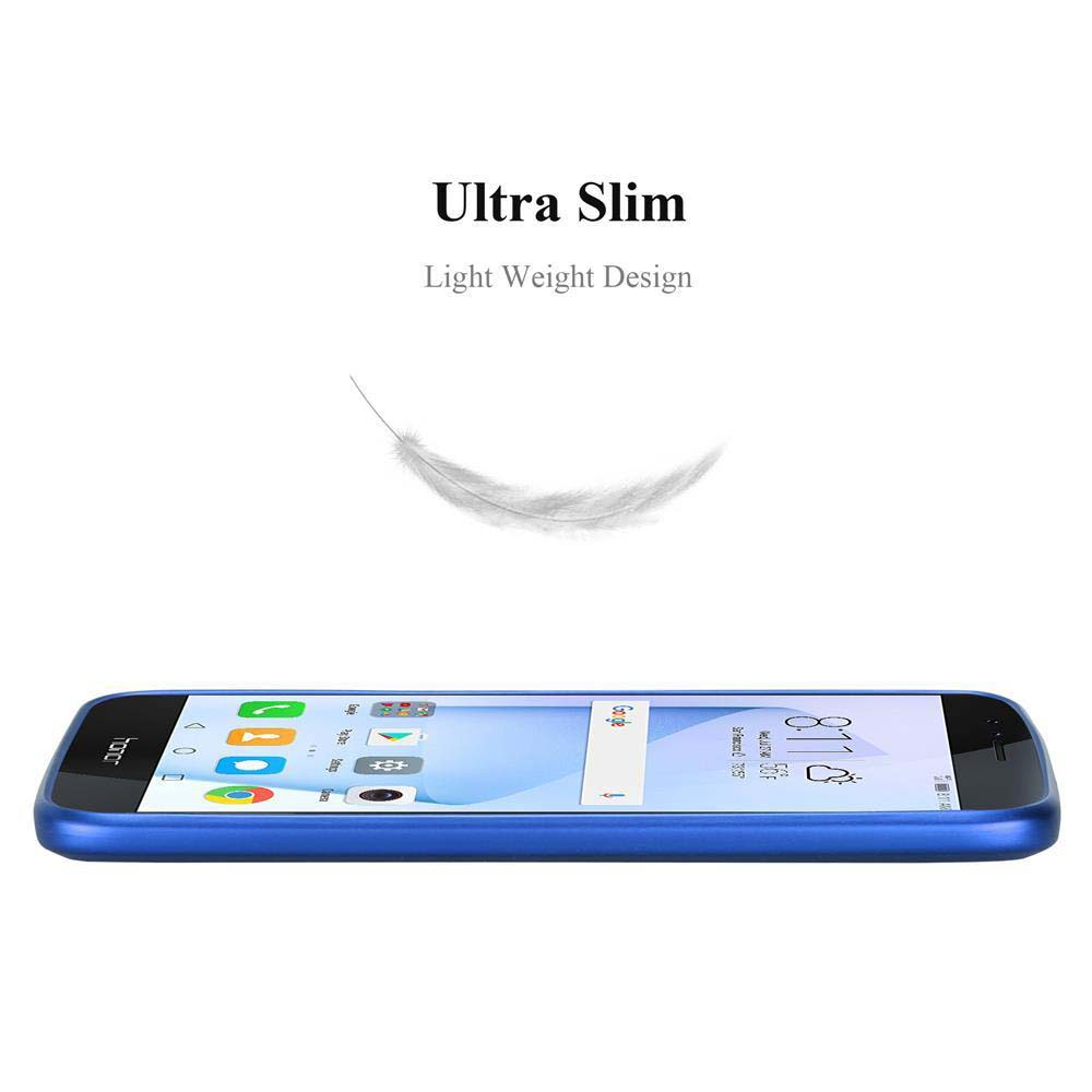 Blaues Telefon. Text lautet 'Ultra Slim Light Weight Design' mit einer Feder über dem Telefon.