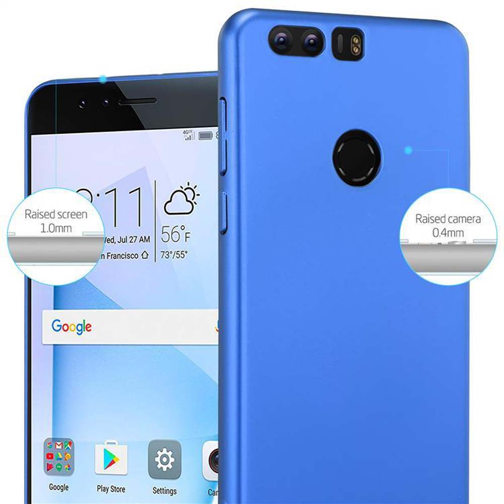 Blaue Handyhülle, Detail von erhöhtem Bildschirm und Kamera, Telefon mit Google-Anzeige.